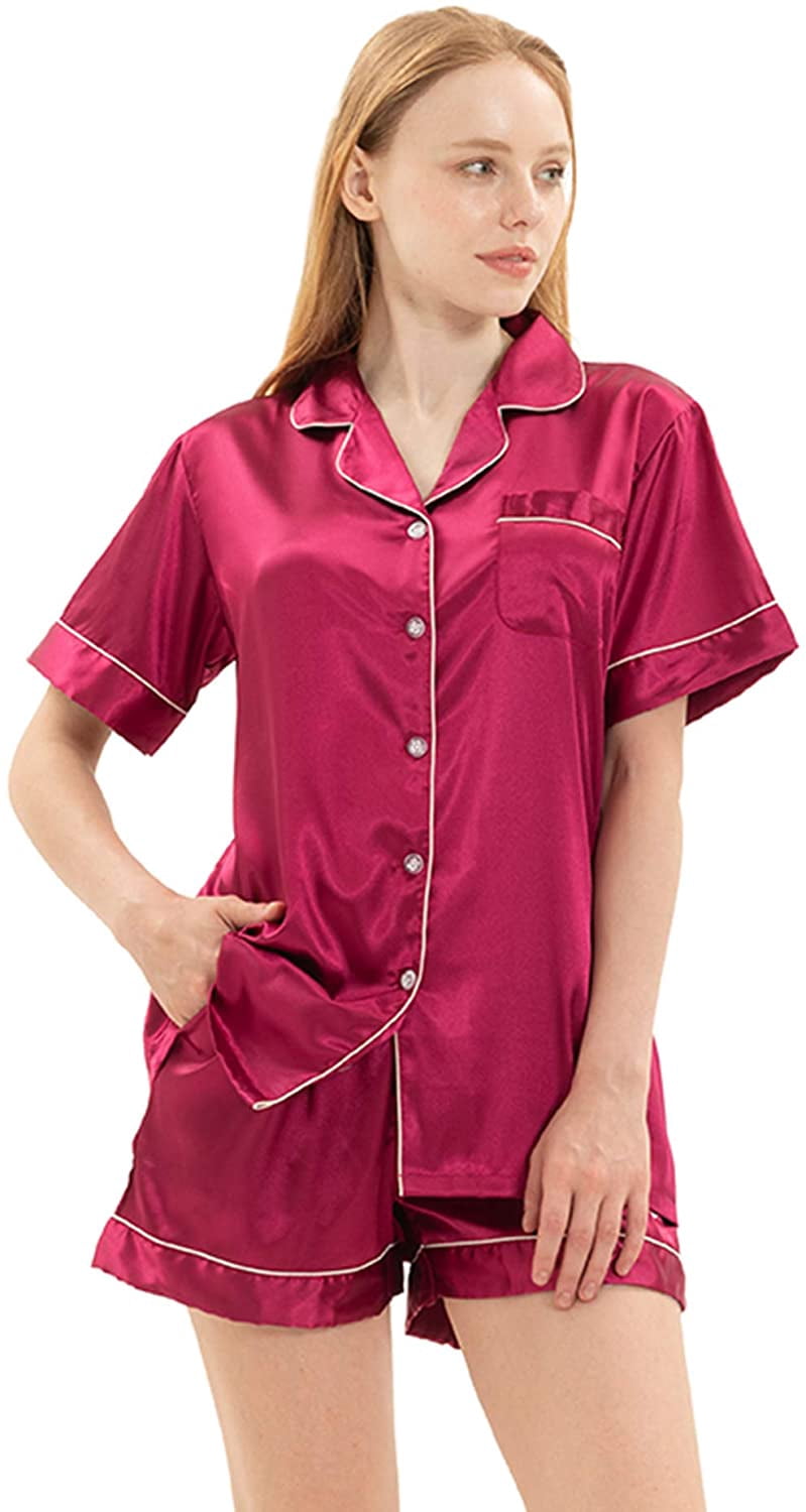 Womens Silky Satin Short Pajamas Set 