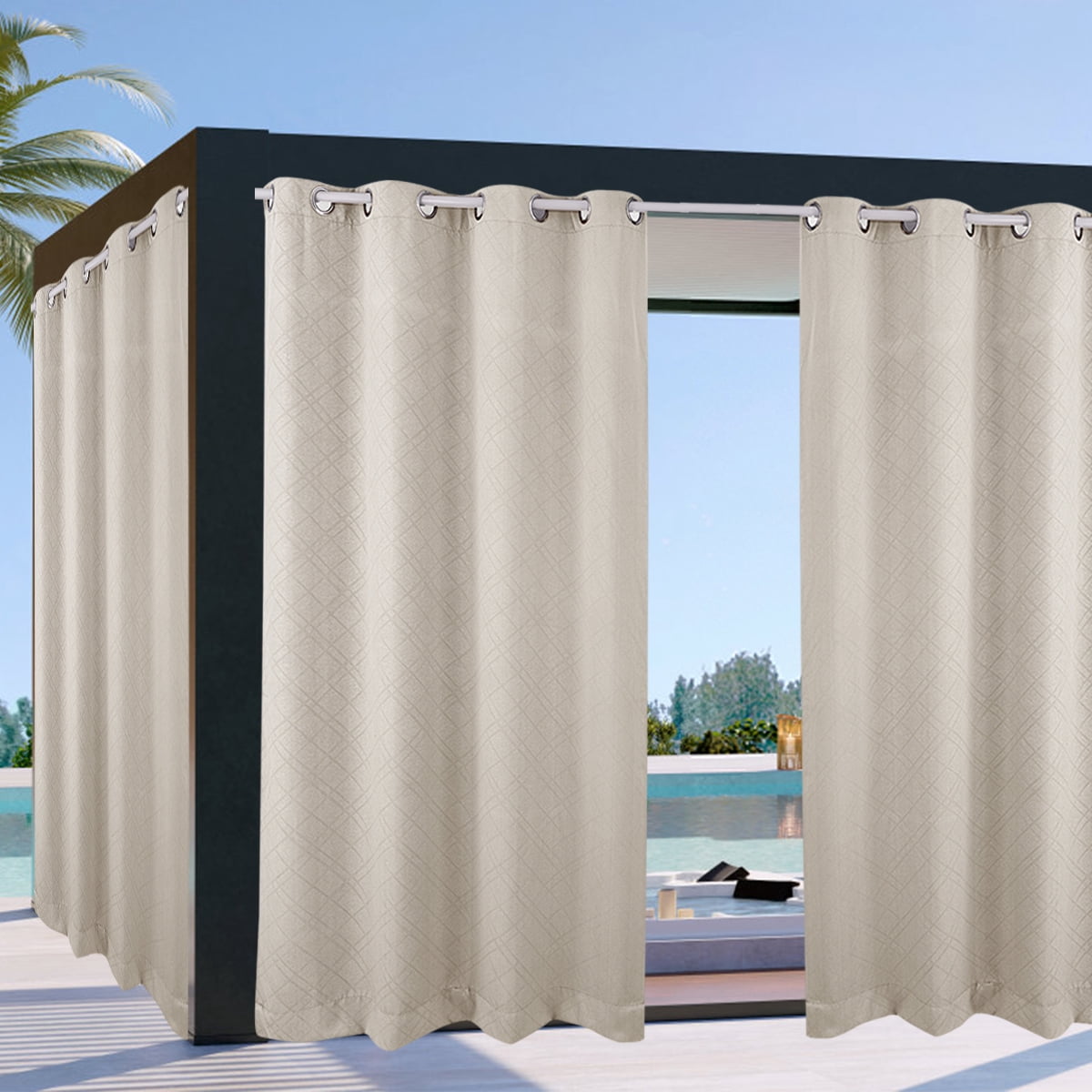 TOPCHANCES 4 Panels Outdoor Curtains for Patio, Waterproof Weatherproof Privacy Curtains 3D Embossed Pattern, Thermal Insulated Grommet Top and Tab Bottom Drapes, W52in x L84in