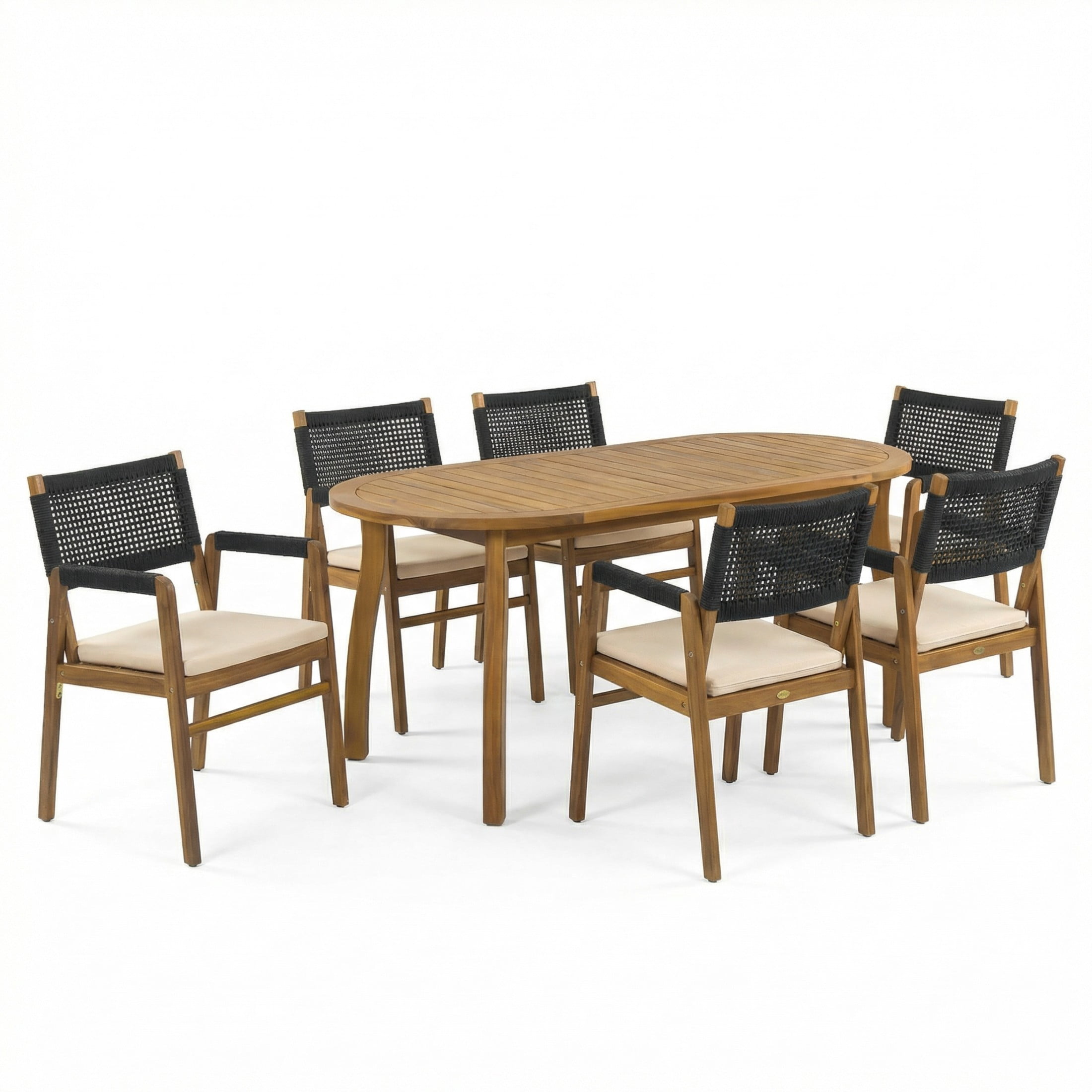 Christopher Knight Home 7-Piece Outdoor Dining Set with Oval Table & Rope Armchairs, Teak+Black