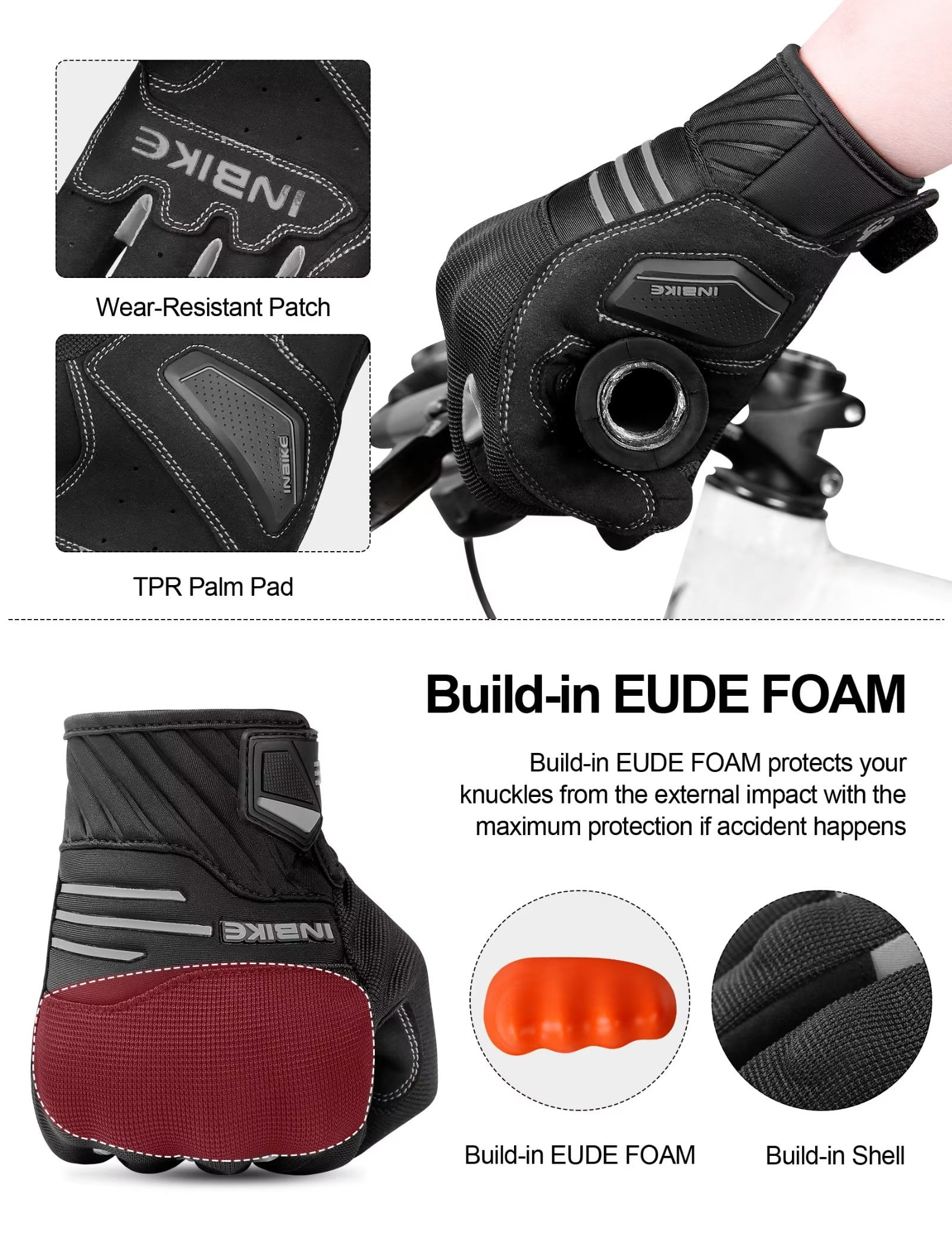 INBIKE Motorcycle Gloves MTB Touchscreen with Thicken Padded & TPR Knuckle Protection Road Bike Gloves Black X-Large