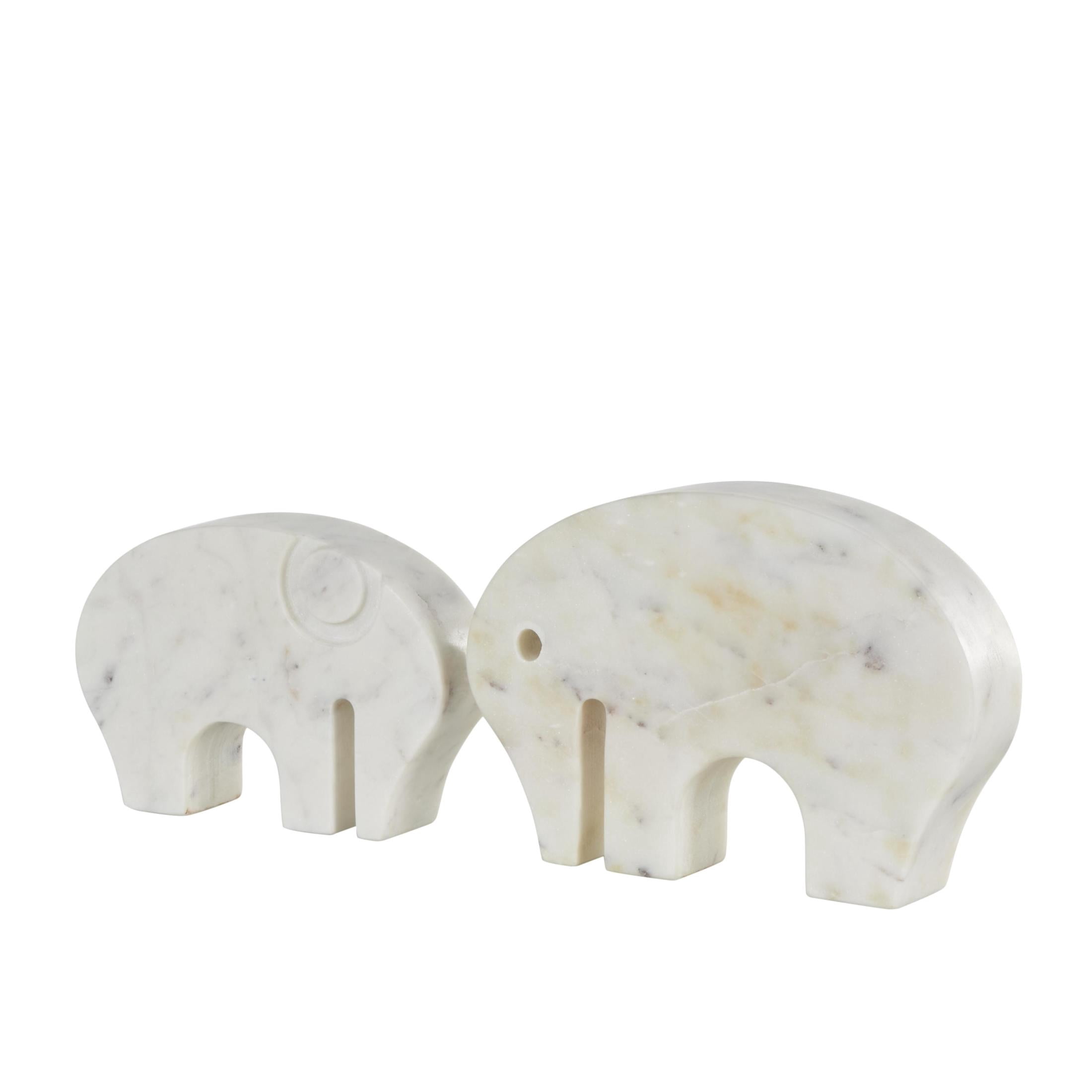 8", 7"W White Marble Rounded Abstract Elephant Sculpture with Gray Marble Veins and Cutouts, by DecMode (2 Count)
