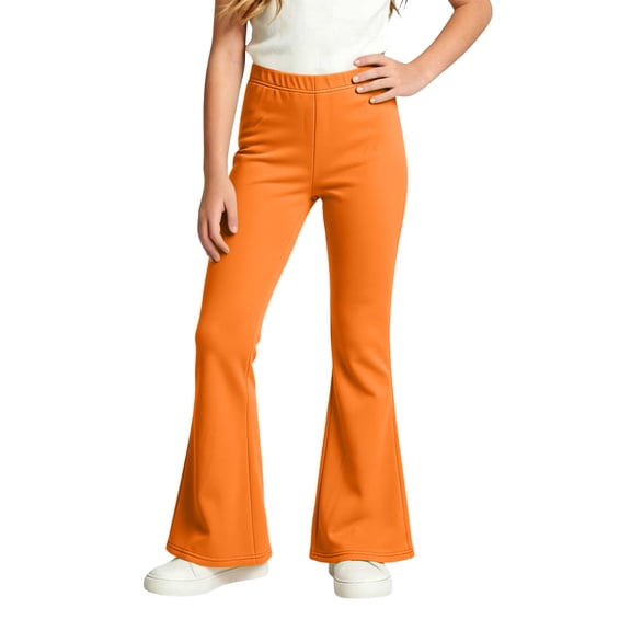 VV AVEORS Girls Flare Pants Bootcut Fleece Bell Bottoms Soft Comfort Pull On Waist Back To School Pants Casual Everyday Wear Orange 140
