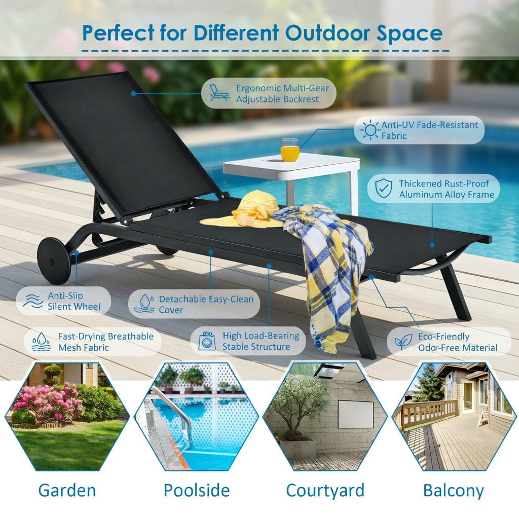 Hommoo Adjustable Aluminum Outdoor Lounge Chair, 6-Position Reclining Chaise for Patio, Poolside & Backyard, Black