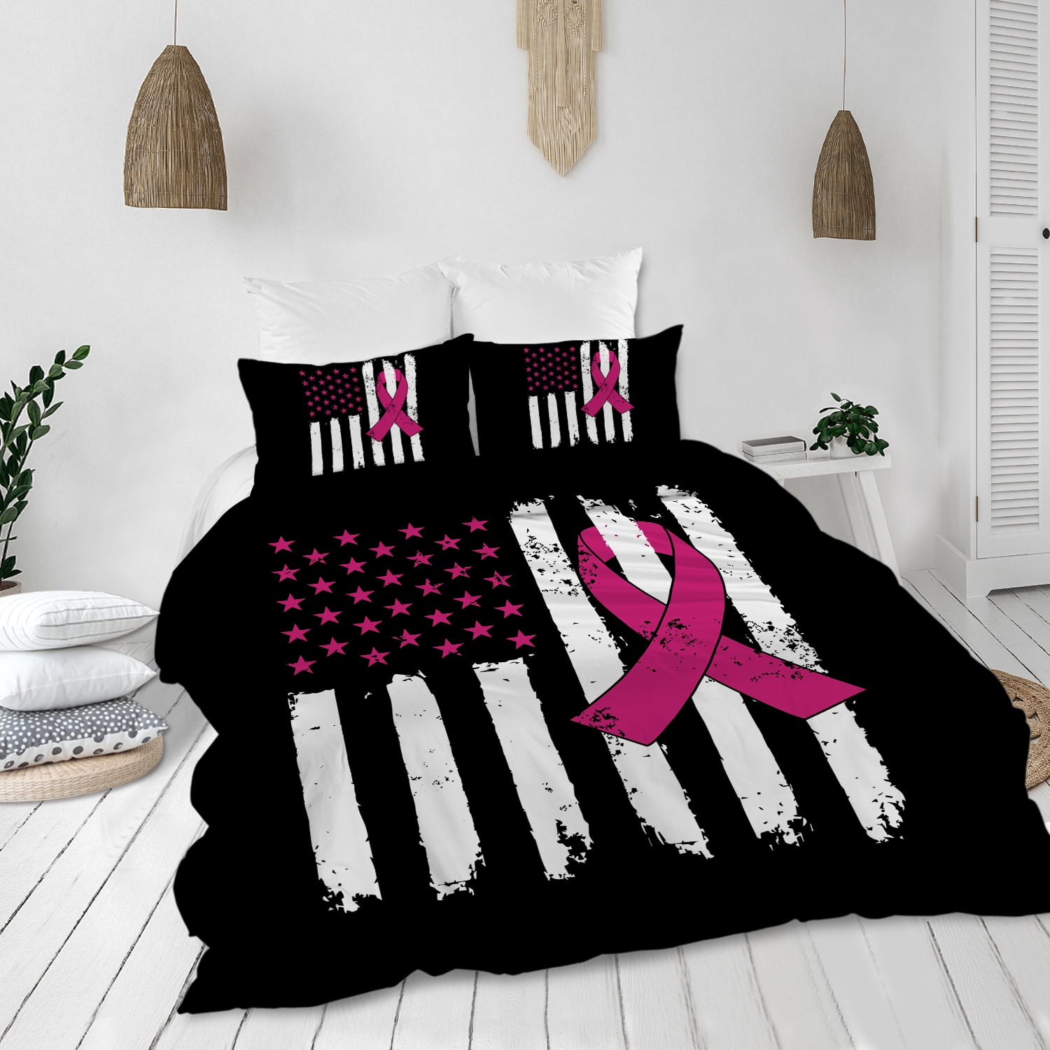 Blessliving Bedding Set Pink Ribbon Duvet Cover Set King Size for Kids