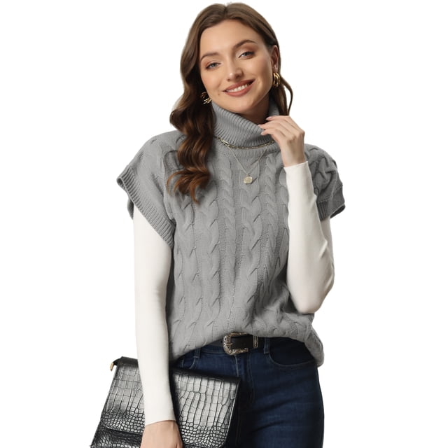 Chaleco de Cuello Alto para Mujer Chaleco sin Mangas Jersey de Punto de Color Sólido Suéter Informal Gris L