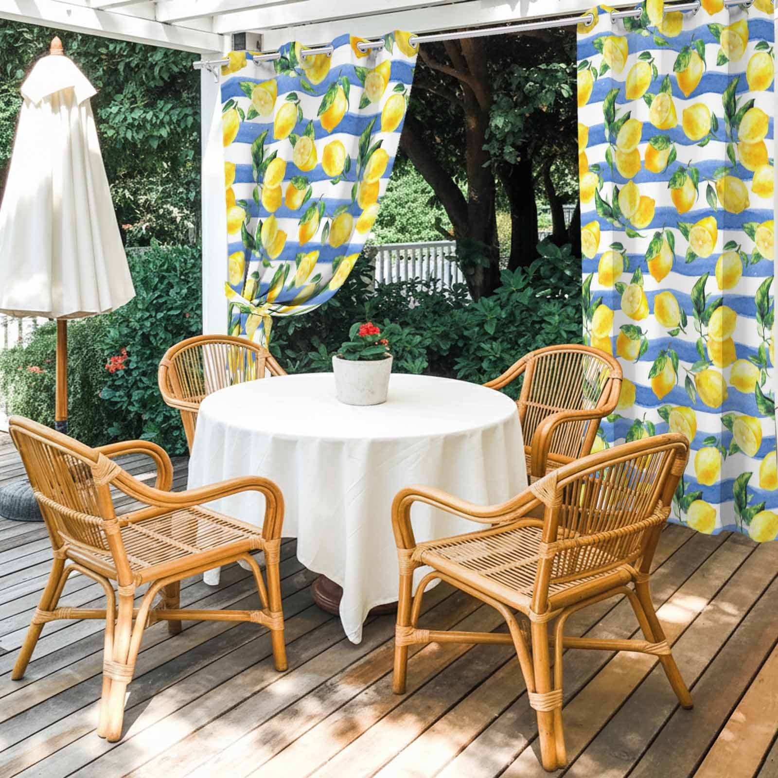 Summer Fruits Outdoor Curtains for Patio, Watercolor Yellow Lemon Blue Stripes Farmhouse Sunshade Privacy Drapes Grommet Waterproof Outside Curtains for Porch/Cabana/Balcony 54"x 108", 1 Panel