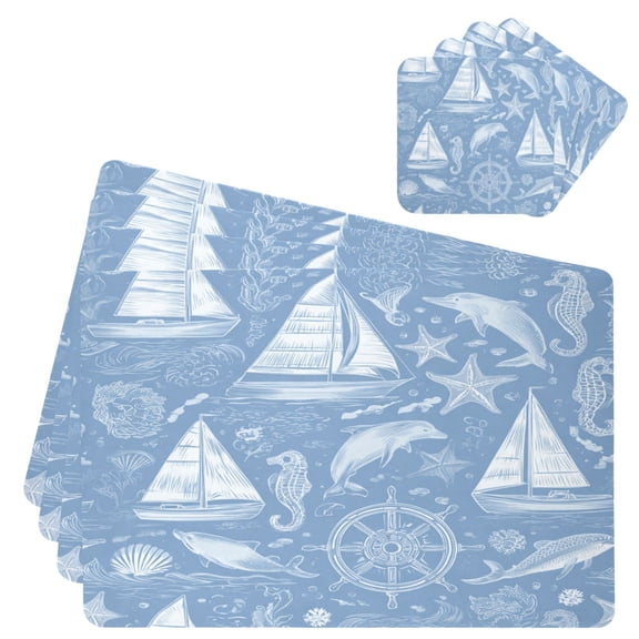 Square Leather Placemat Set One SizeX4 Heat-Resistant Washable Kitchen Table Decorations Blue Nautical Style Pattern