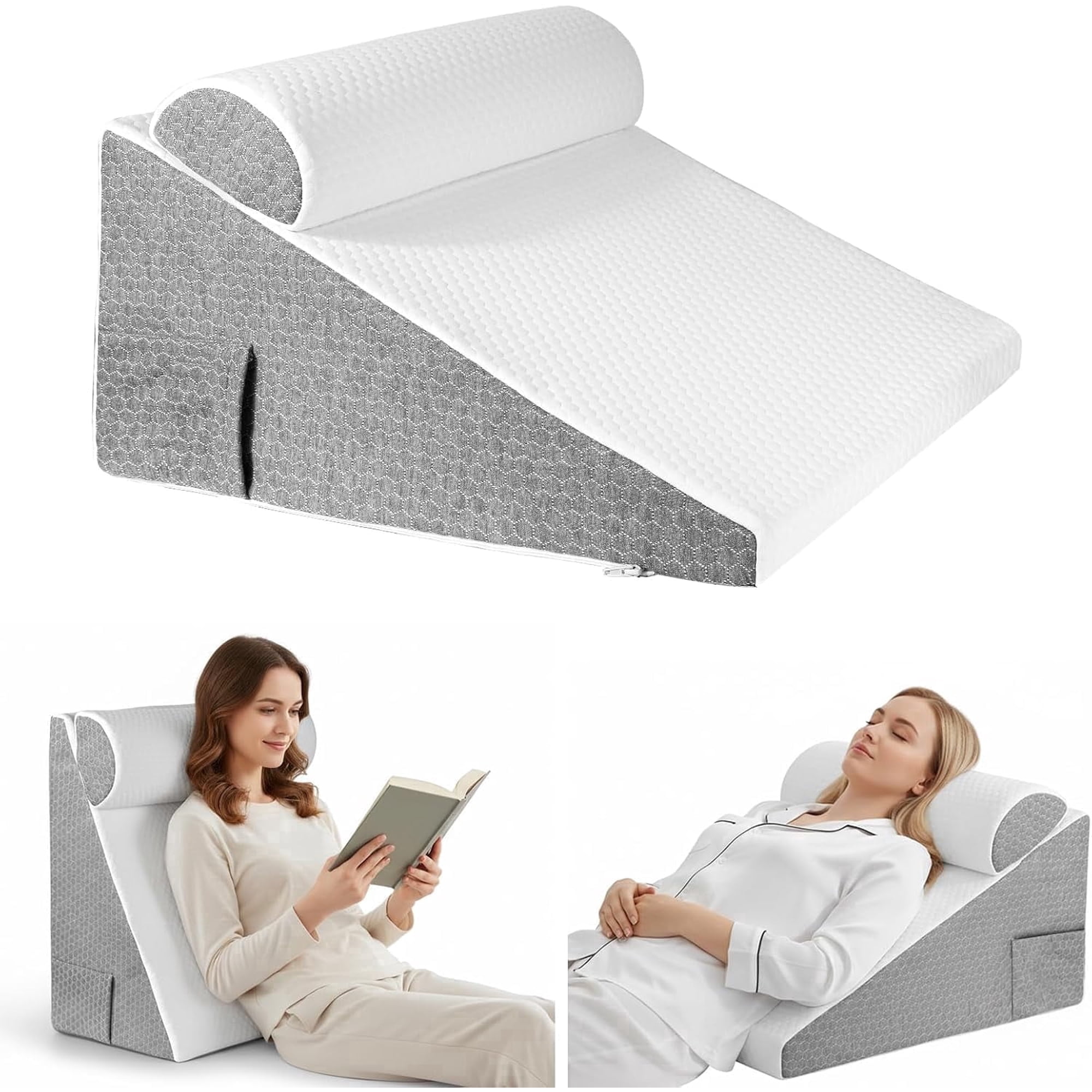 Wedge Pillow for Sleep Apnea Acid Reflux and Back Pain Relief, with Chic Jacquard Cover, Headboard Wedges with Neck Pillow for Sleeping
