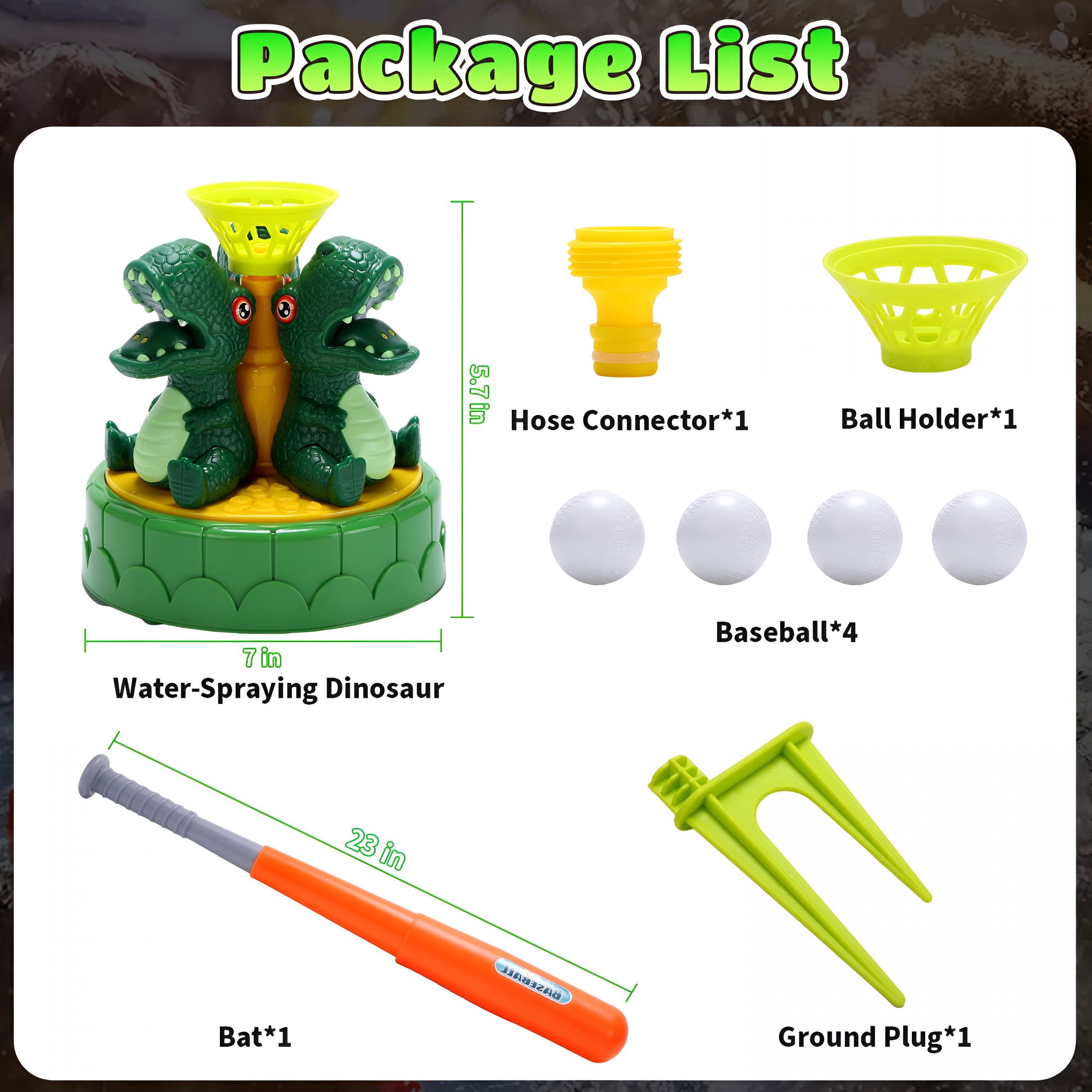 CYFW 2-In-1 Dinosaur Water Sprinkler&Baseball Toy for Kids-360 Degree Spray&Batting Game with 4 Balls,Summer Outdoor Backyard Gift for Toddlers Boys Girls