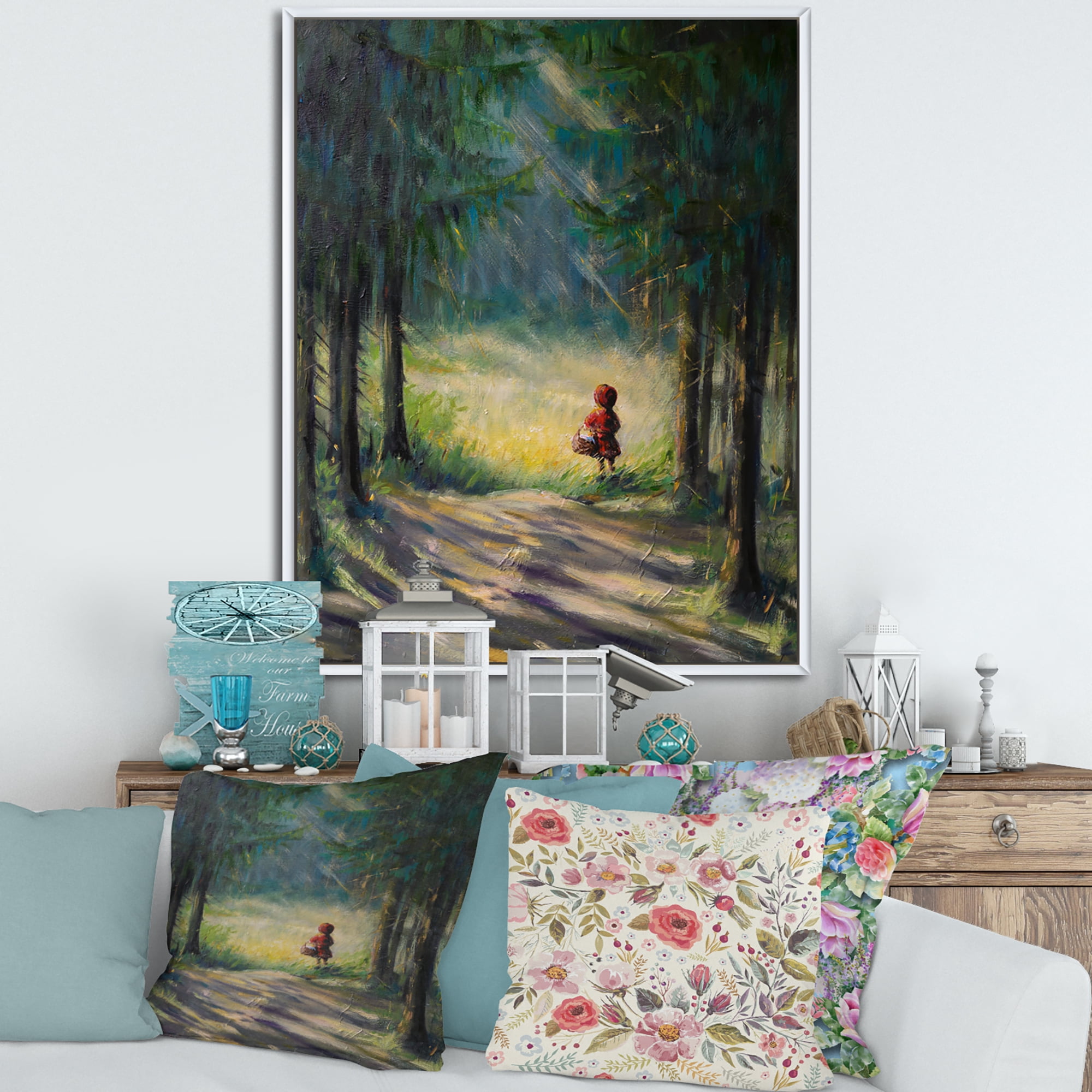 Designart 'Little Red Kid Riding Hood In The Woods' Traditional Framed Canvas Wall Art Print