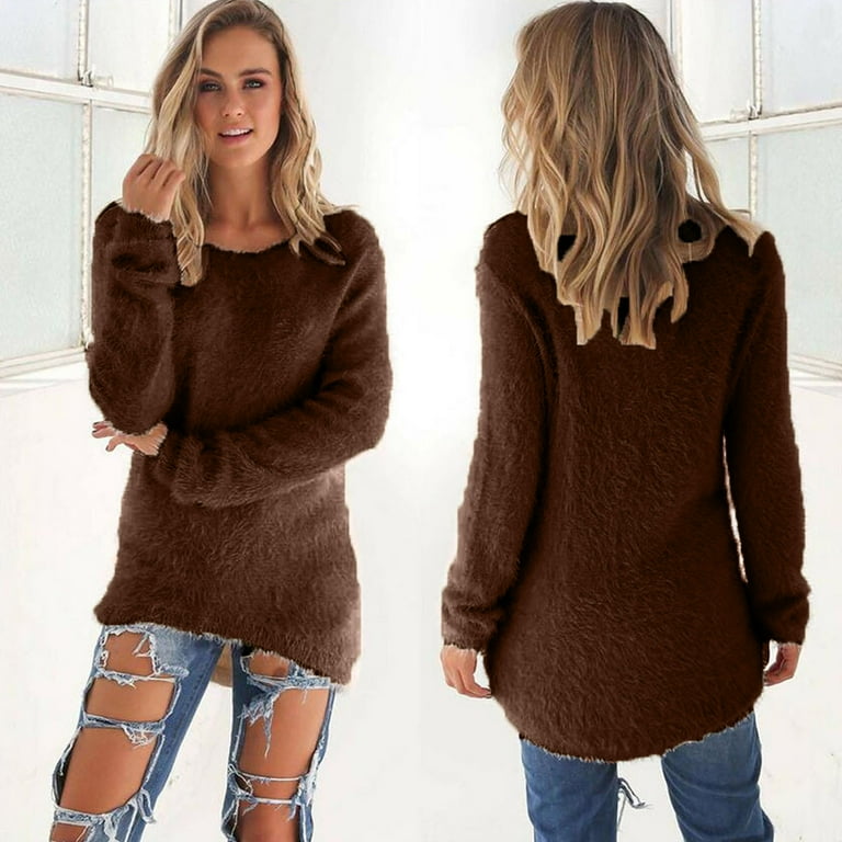 Plus Size Fuzzy Tunic Sweaters Womens Soft Plush Long Sleeve