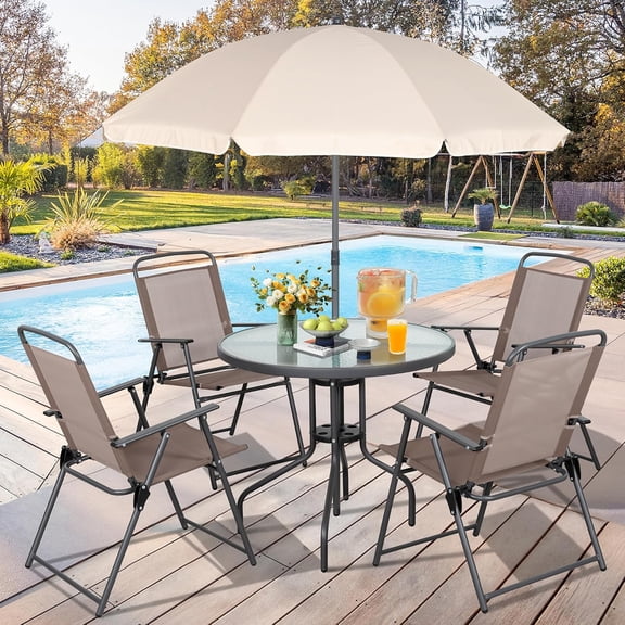 Wubio 6 Pieces Folding Patio Dining Set, All Weather Small Metal Outdoor Table and Chair Set, Garden Patio Furniture Set w/Umbrella, Glass Table & 4 Folding Chairs for Lawn, Backyard, Brown