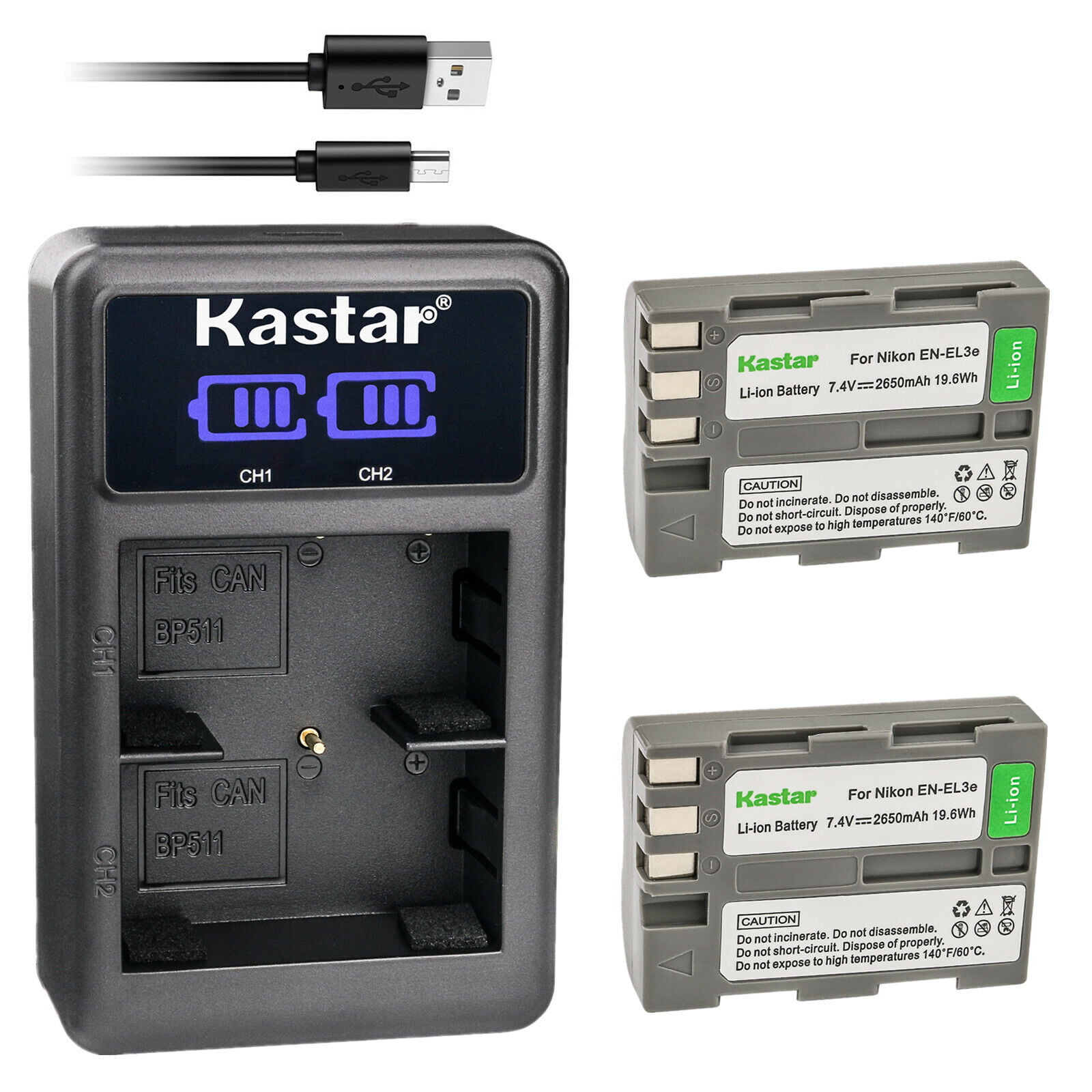 Kastar EN-EL3E Battery and LED2 USB Charger Compatible with Nikon D100 Nikon D200, Nikon D300S, Nikon D50 D50S, Nikon D70 D70S, Nikon D700, Nikon D80, D90 DSLR Camera -