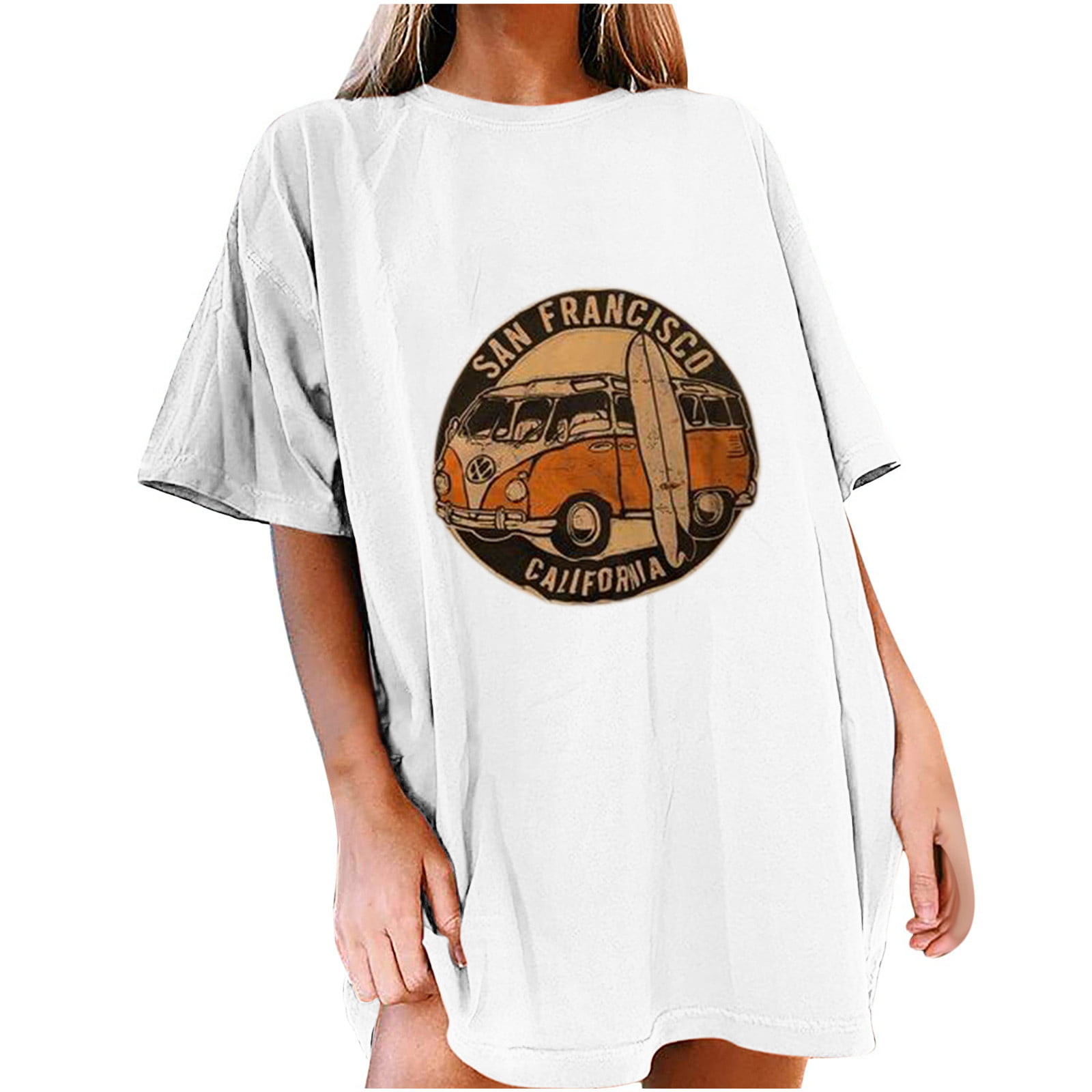 Womens Vintage Car Graphic Tops Oversized Shirts Short Sleeve Crewneck Tees Loose Soft Blouses 