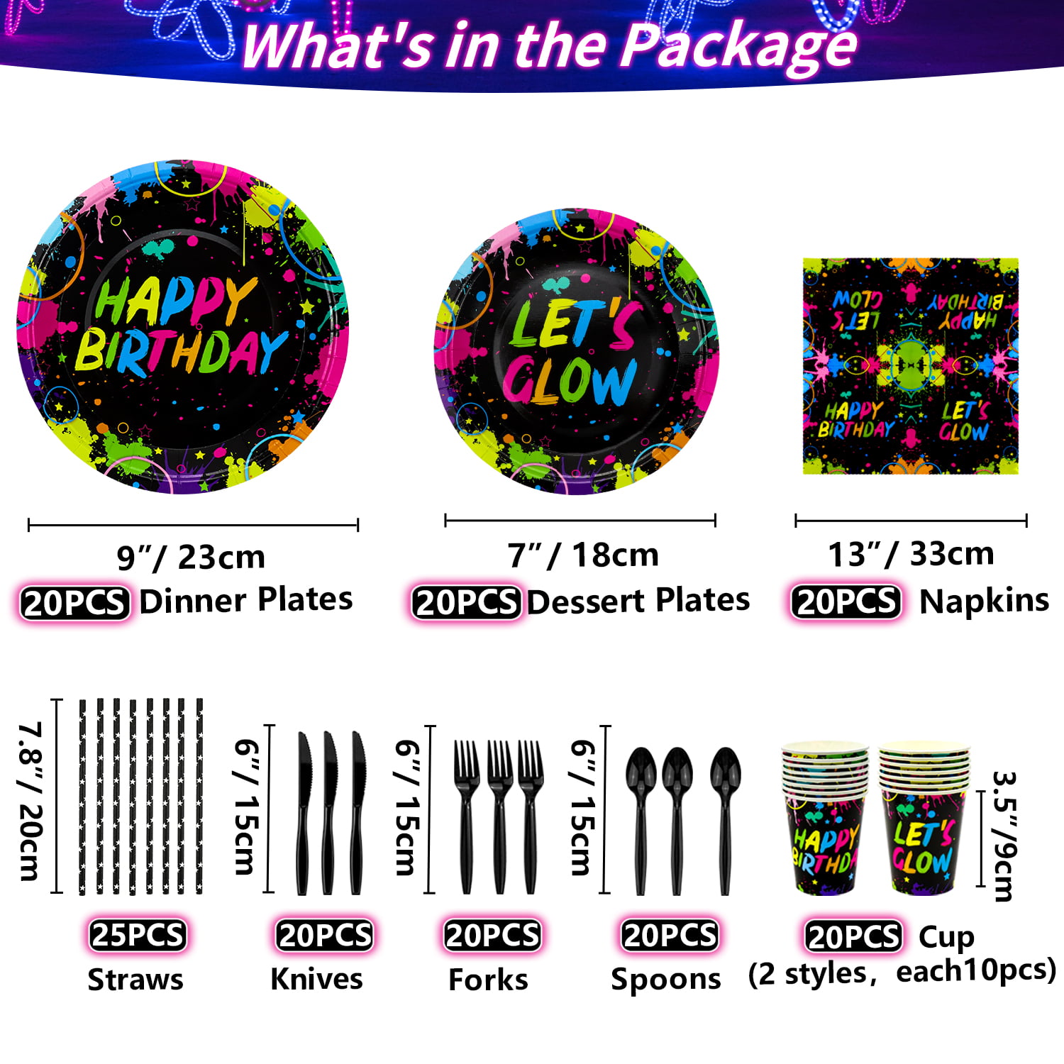 Glow Neon Party Supplies - Serves 32, Hard Plastic Disposable Neon Party  Plates, Napkins, Cups Tumblers, Cutlery Forks Knives Spoons, Glow in the  Dark Neon Party Fiesta Plates Encanto Birthday Party Complete