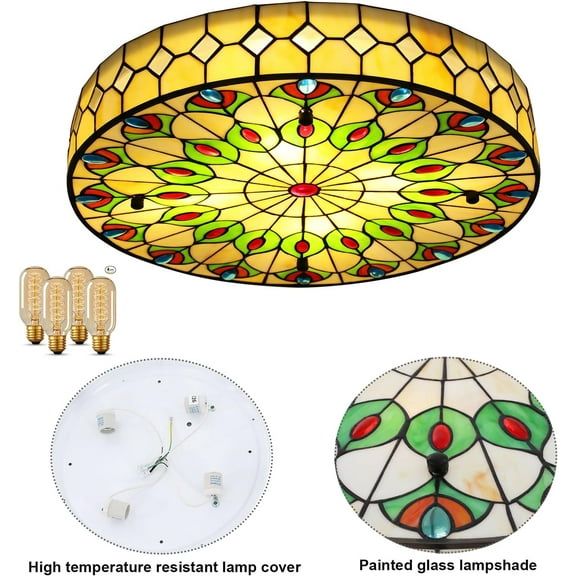 Tiffany-Style Flush Mount Ceiling Light Vintage Stained Glass 19.68 * 8.5in Ceiling Lamp Fixture Warm Cold Adjustable Light Colorful for Living Room Bedroom Kitchen (19.7)