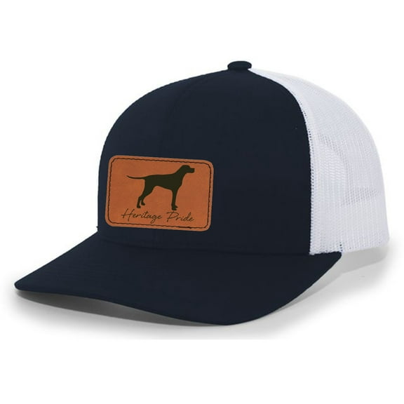 Heritage Pride Canine Collection English Pointer Bird Dog Mens Hunting Engraved Leather Patch Mesh Back Trucker Hat, Navy/White