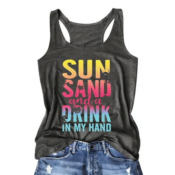 Casual Tank Top for Women with Letter Graphic Print Sleeveless Summer Comfort and Style Crew Neck Grey L