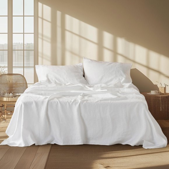 Juego de sábanas, lino y algodón, tamaño king, color blanco puro, 4 piezas