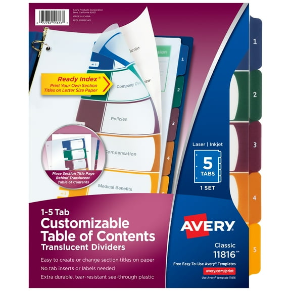 Avery 5 Tab Dividers, Customizable TOC, Multicolor, 1 Set (11816)