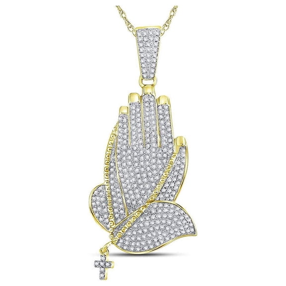 FB Jewels 10kt Yellow Gold Mens Round Diamond Praying Hands Rosary Charm Pendant 7/8 Cttw