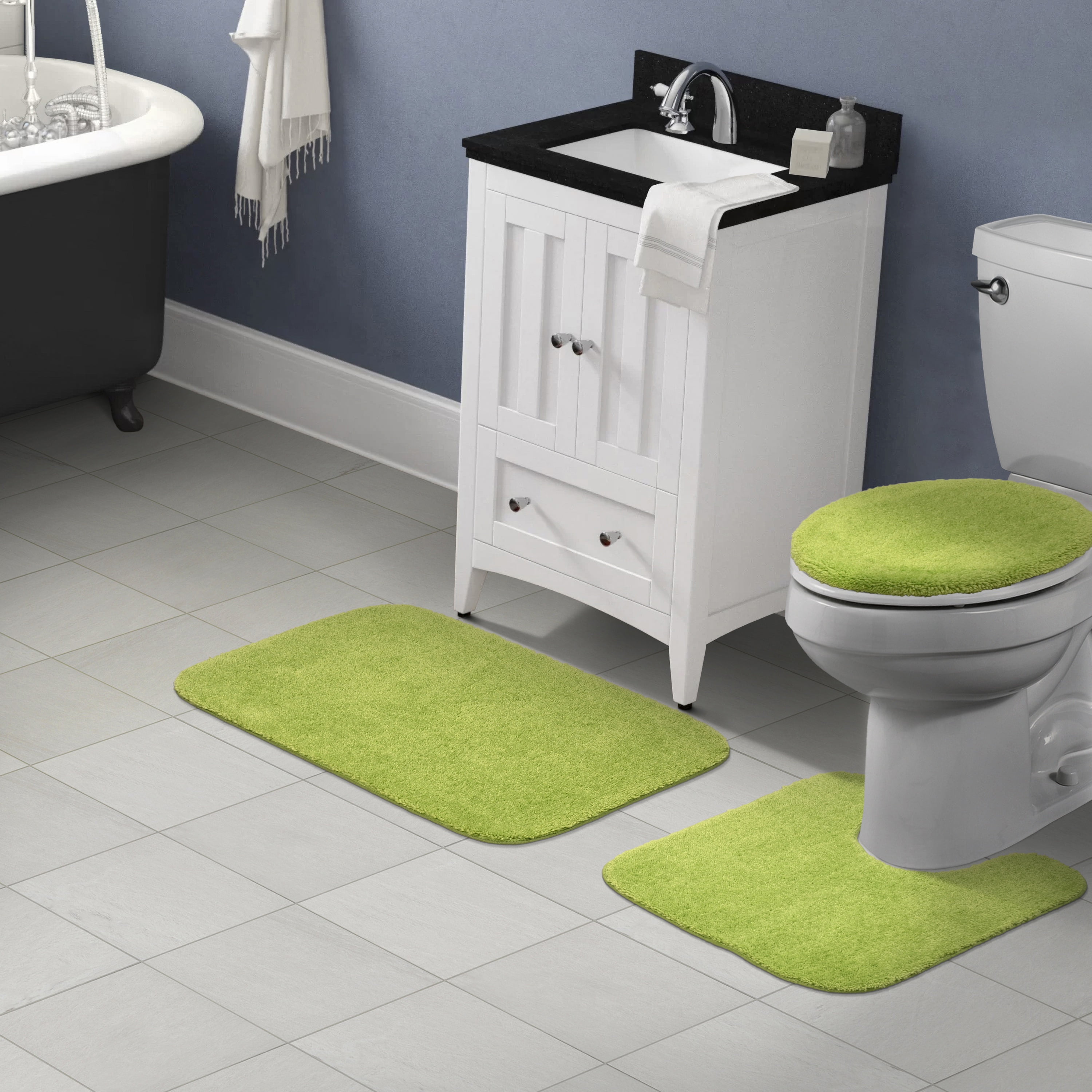 Garland Rug Traditional Washable Bath Rug Set, 3 Piece Set (21"x34" Bath Rug, Contour Rug, & Toilet Lid) Lime-Aid
