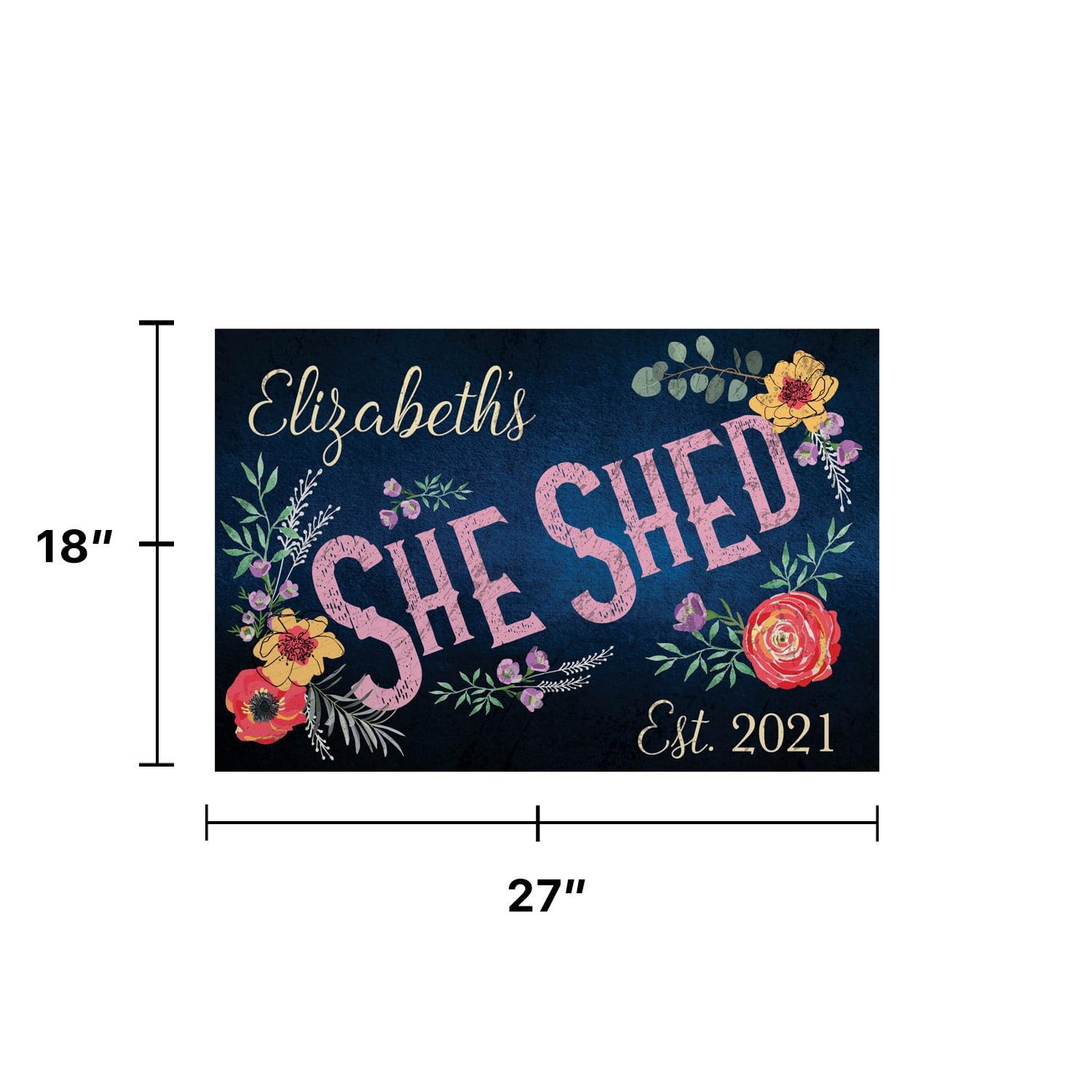 Personalized Planet 27x18 She Shed Doormat with Custom Personalization Printed on Black Rectangular 1/4” Thick Non Slip Mat for Work Area or Babe Cave