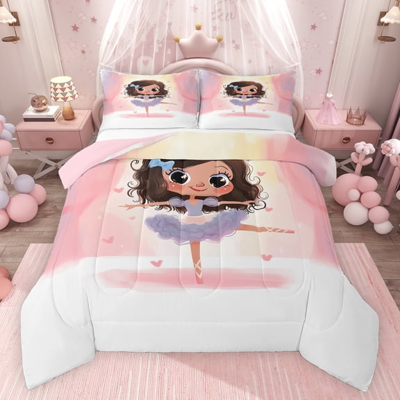 jejeloiu Cute Ballet Girly Bedding Comforter Set,Kawaii Black Princess Twin Comforter Sets,Cartoon Pink Loves Bedding Set For Girls Kids,Luxury Bedroom Decor Reversible,2-Piece