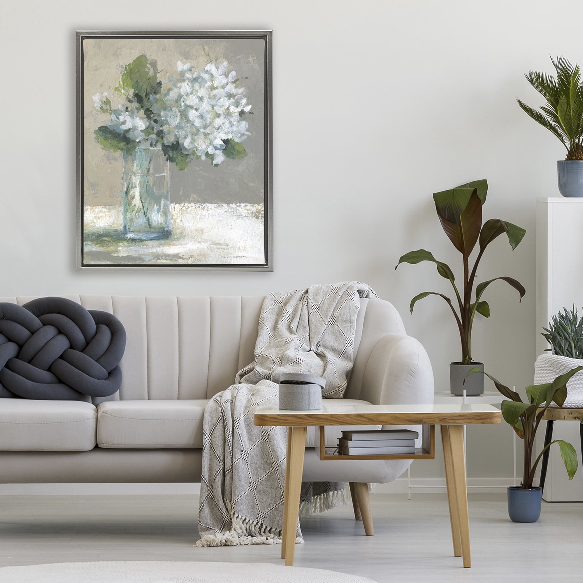 Stupell Industries Serene White Hydrangeas in Glass Gray Framed Floater Canvas Wall Art, design by Carol Robinson