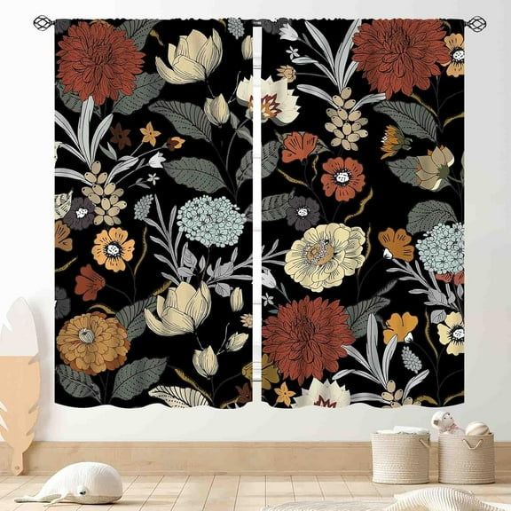 Black Floral Curtains, Boho Tropical Leaves Mandala Vintage Retro Indian Bohemian Paisley Colorful Wild Flower Spring Window Curtains for Living Room Bedroom Kitchen Bathroom 2 Panels, 84"x63" Inch
