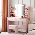 thumbnail image 4 of GloryStar Vanity Desk with Lighted Mirror, Makeup Vanity Set with Power Outlet, Cushioned Stool, Vanity Table with 6 Shelves, 2 Large Drawers, and 3 Color Light Adjustable Brightness, 4 of 7