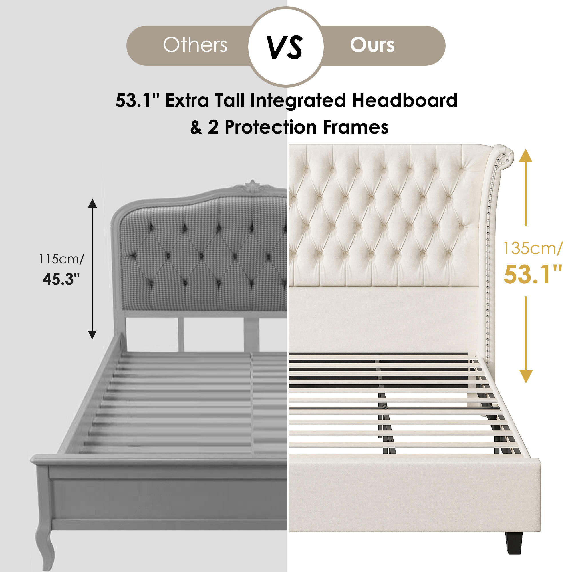 Homfa King Size Bed Frame, Modern Velvet Tufted Upholstered Platform Bed with Rivet Rolled Edge High Wingback Headboard, White - image 5 of 7