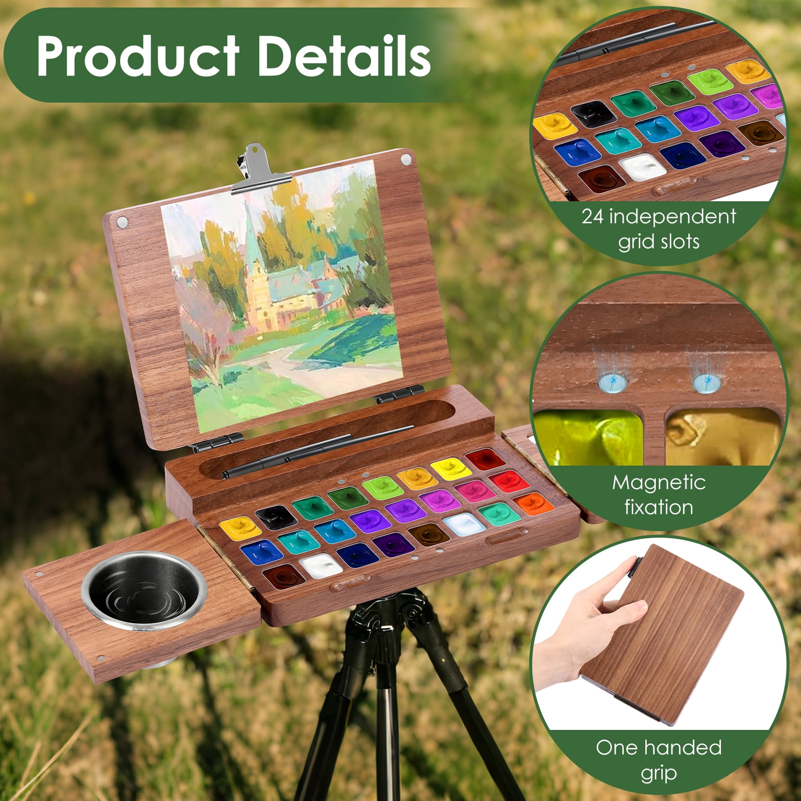 Threns Portable Travel Watercolor Paint Box – 24 Grids Wooden Foldable Watercolor Palette for Plein Air Painting - Designed for Travel Artist Painter
