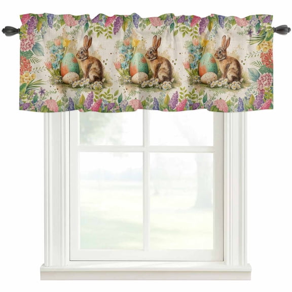 Easter Bunny Rod Pocket Curtain Valance, Spring Floral Blossom Easter Eggs Burlap Farmhouse Window Valance for Living Room, Bedroom, Kitchen 42"W x 12"L