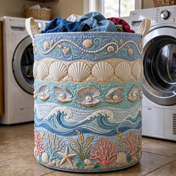 Coastal Whisper Quilted Laundry Basket, with Handles, Foldable Clothes Hamper for Bedroom Storage
