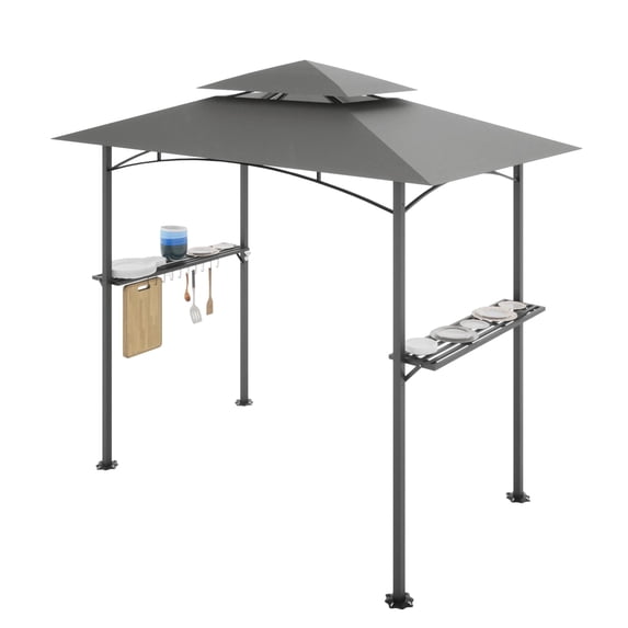 8'X5' Grill Gazebo Canopy, Grill Tent for Outdoor Grill, Double Tiered BBQ Gazebo with Steel Frame, Two Shelves, Ten Hooks and A Bottle Opener, Small Grill Shelter For Backyard, Patio (Grey)