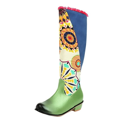 

jsaierl Fashion Printed Color Block Low-heeled Thick Heel Side Zipper High-top Boots