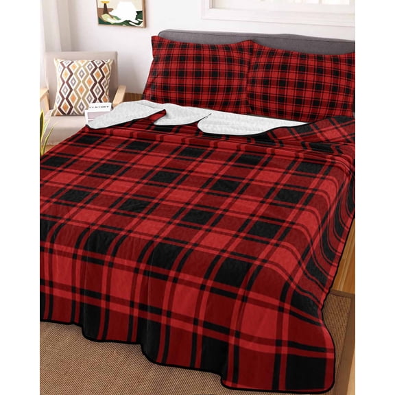 Red Black Plaid King Size Down Alternative Comforter,Lightweight Comforter Quilt Bedding Set with Pillow Shams Vintage Farmhouse Abstract Buffalo Check All Seasons Bed Comforter Duvet Insert 96"x106"