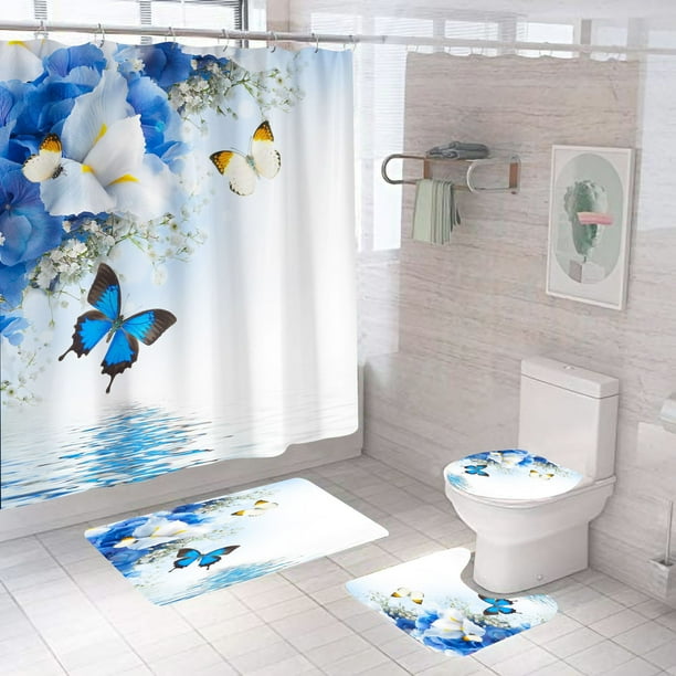 4Pcs Flower Butterfly Shower Curtain Sets, Bathroom Set with Shower