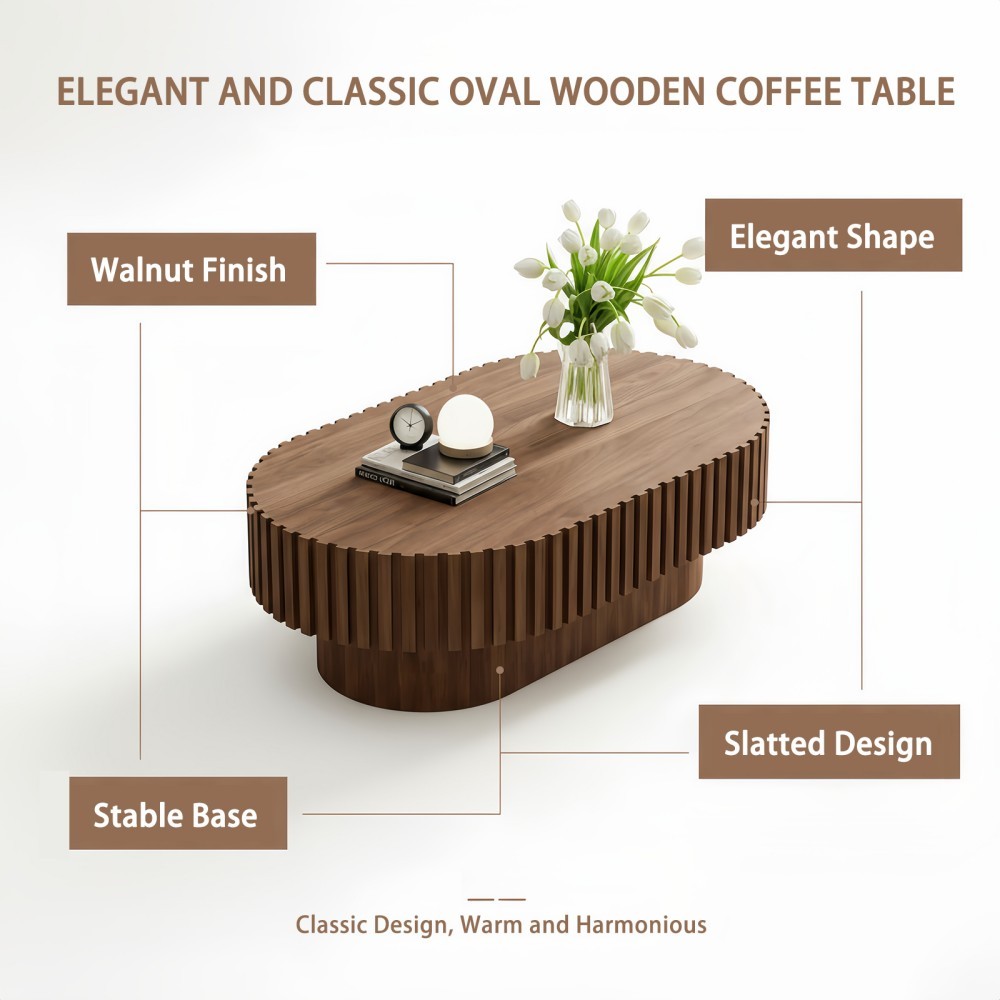 Oval Coffee Table, Mid Century Modern Fluted Coffee Table with Pedestal, Walnut Wood Center Table for Living Room, Apartment, Office, Small Space