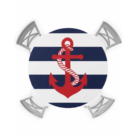 nqOlkjepod Navy Blue Stripe Nautical Round Tablecloth, Fitted Table Cover with Elastic for 55"-60" Round Tables, Red Anchor Summer Coastal Table Cloth Outdoor Dinning Party Waterproof Tablecloths
