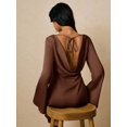 thumbnail image 3 of Coffee Brown Satin Short Dress With Open Back Tie Detail And Flared Sleeves, 3 of 7