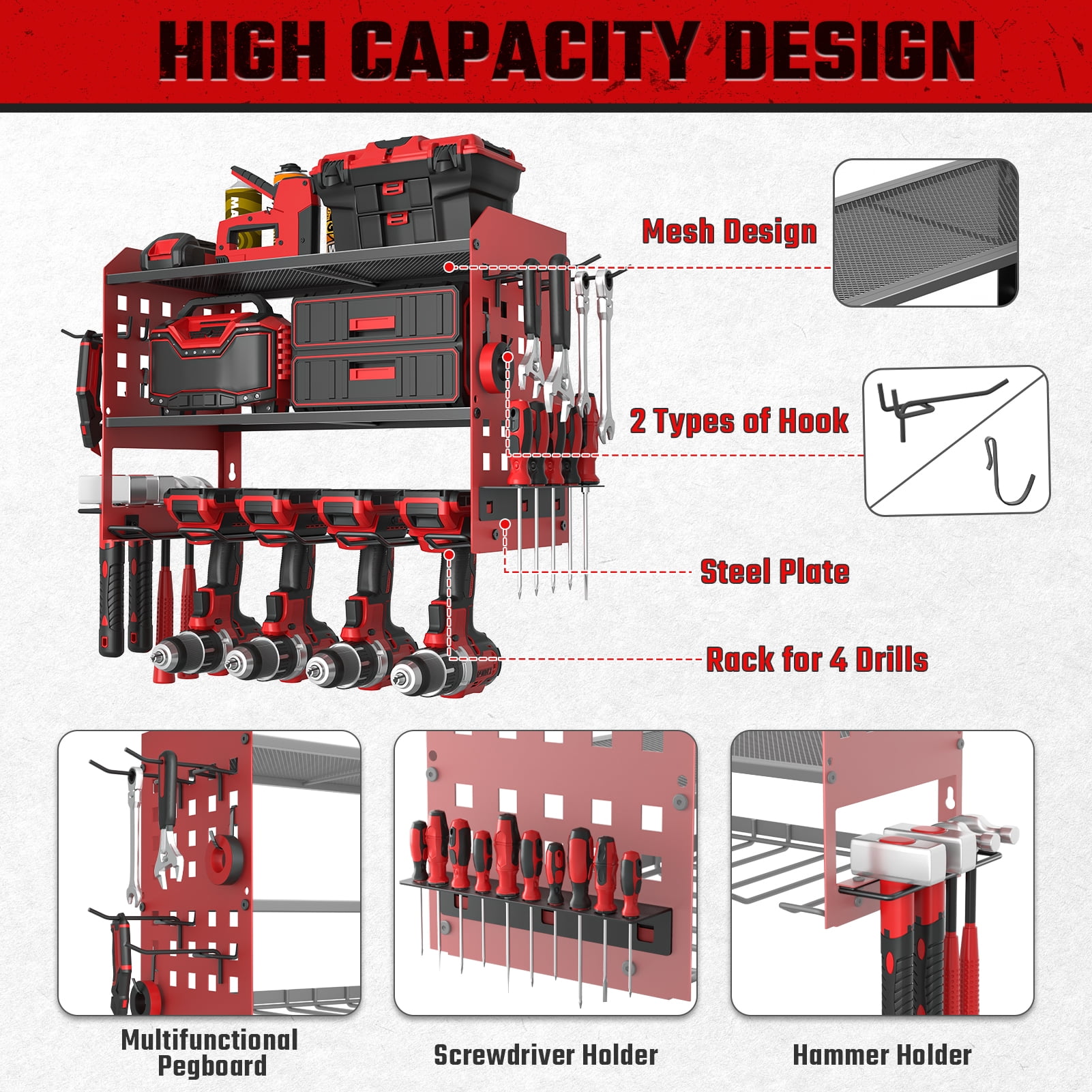 SUNALLY Power Tool Organizer, 3 Layers Drill Holder Wall Mount with 2 Side Pegboards, Heavy Duty Tool Storage Rack for Garage, 150Lbs Load Capacity, Red