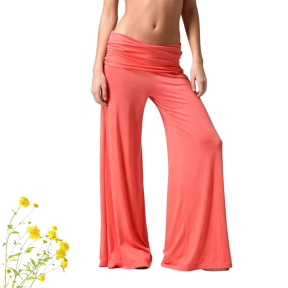 Coral Pants Fold Over - 2026 On-Trend Wide Leg Yoga Pants - Solid Loose Fit Lounge Pants with Ruched Waist - Soft Breathable Activewear for Sports & Everyday