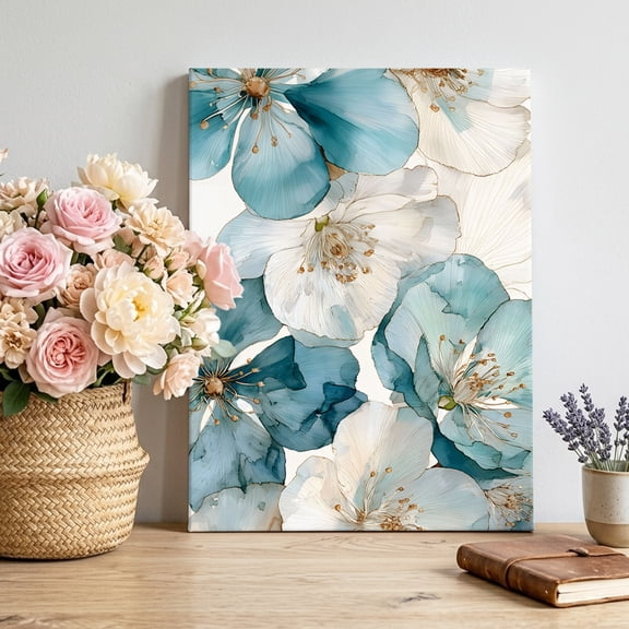 Canvas Wall Art White Blue Floral Canvas Art Print Watercolor Country Floral Petals Pictures Wall Decor for Living Room Bedroom Artwork Decorations Stretched Framed Ready to Hang 12"x18"
