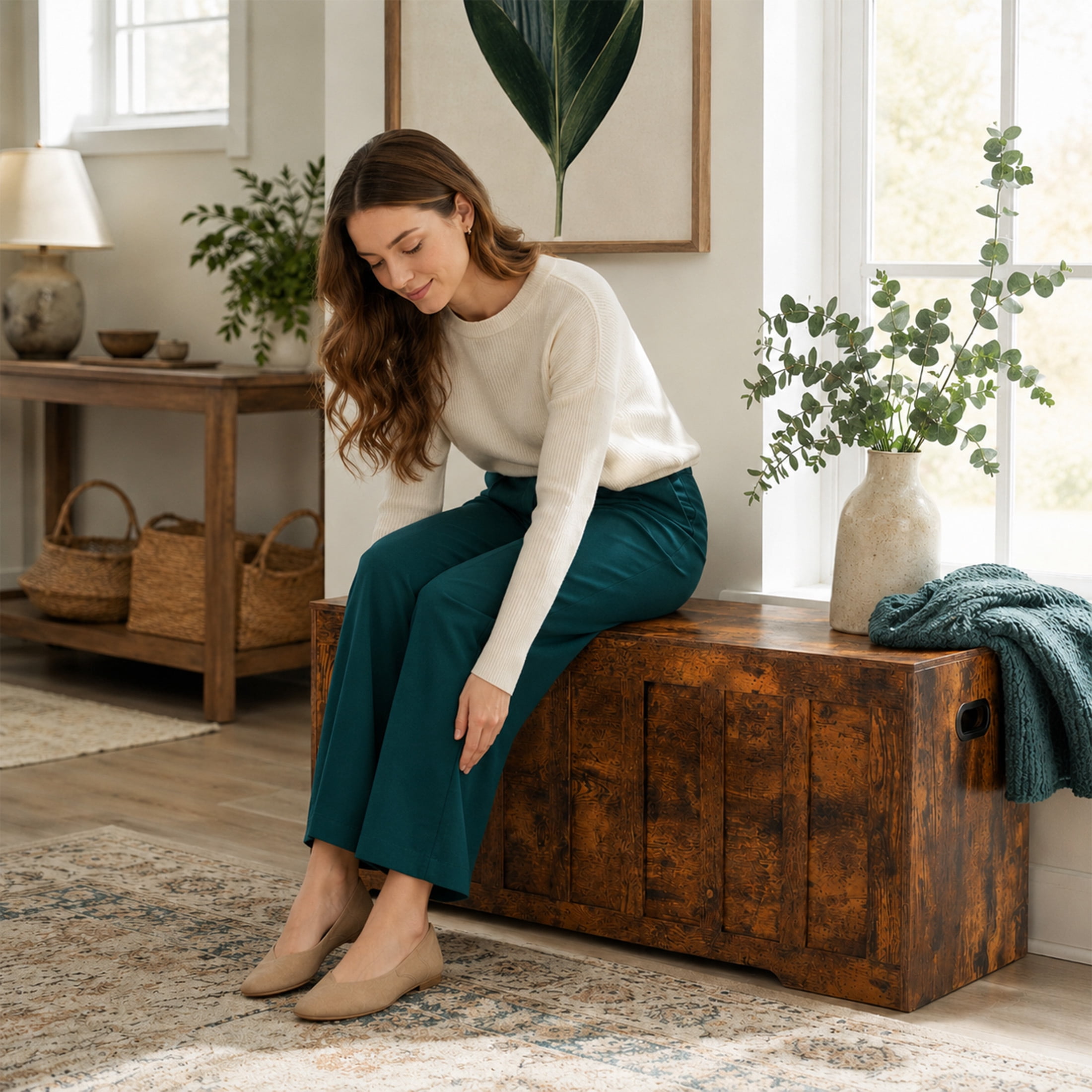 Gianna Storage Bench, Wooden Storage Cabinet with 2 Safety Hinges, Toy Chest for Living Room Bedroom, Non-Slip Bottom, Support 150lbs, Easy Assembly, 47.2"x15.7"x19.1", Rust Brown