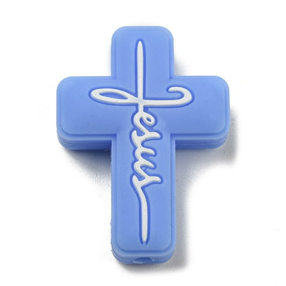 Cross with Word Jesus Silicone Focal Beads Cornflower Blue 30x22x8mm Hole: 2mm