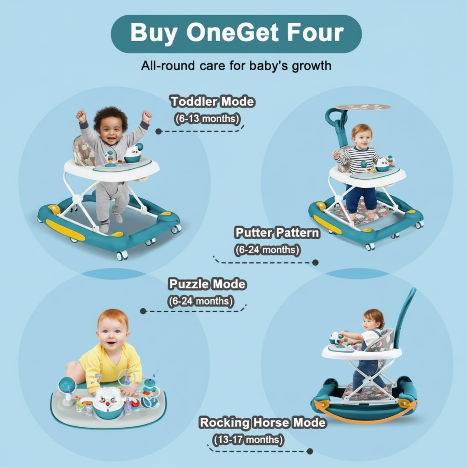 YYuan 4-in-1  Baby Walker with Wheels, Foldable Push Walker with Music & Interactive Toys for Boys and Girls,Green