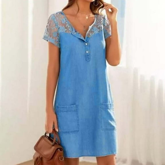 Embroidered Lace Panelled Denim Short Sleeve Dress For Women | Casual & Summer Fashion plus Party Dress And Dress plus Flapper Dress Lace A Line Dress plus Size Dresses Formal Dress plus Size Midi