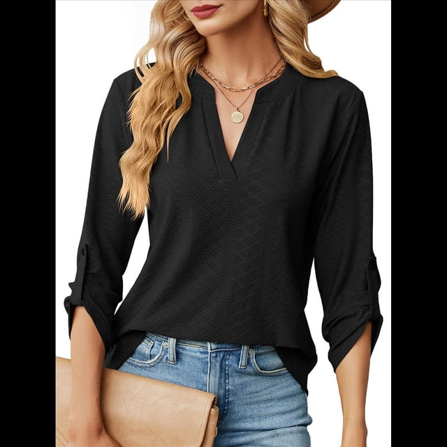 Blusas Elegantes e Informales para Mujer, Camisetas de 3/4 con Cuello en V y Mangas Enrollables. Negro M